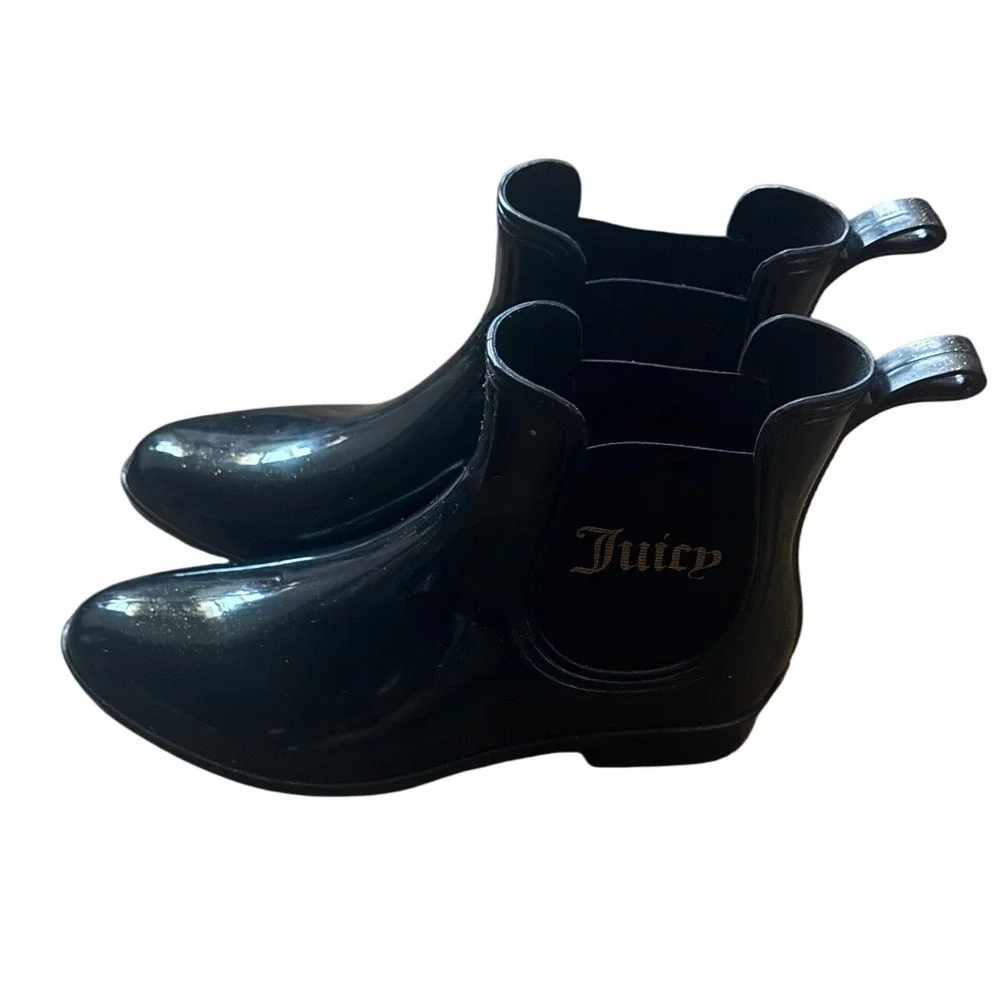 Juicy Couture Rori Black Sparkle Ankle Rain Boots Gold toned logo Elastic Side 6